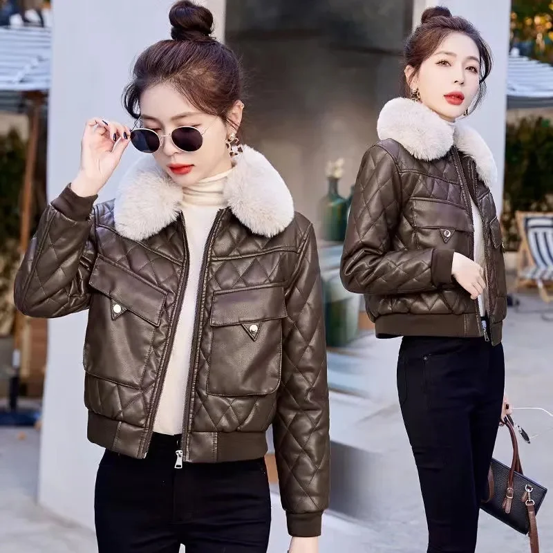 เพิ่มกํามะหยี่ PU แจ็คเก็ตหนังผู้หญิงฤดูใบไม้ร่วงฤดูหนาวใหม่ Maillard Outwear สุภาพสตรีสั้นแฟชั่นคุณภาพสูงรถจักรยานยนต์ Coat