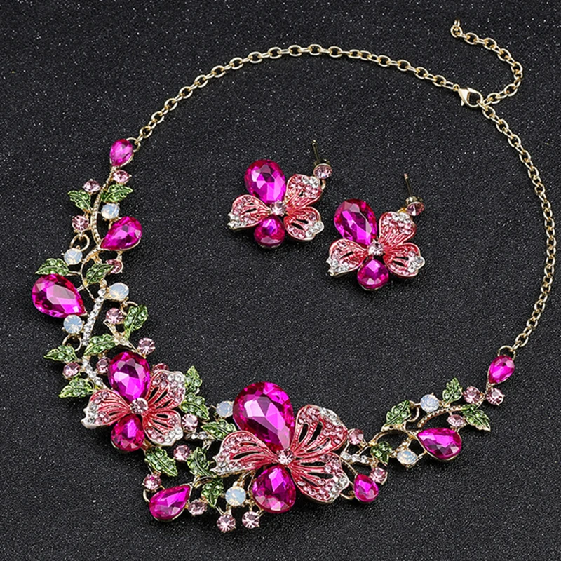 

2 Piece Set Women Outfit Earrings Necklace Fashion Gems Fuchsia Flower Fantasy Evening Dress Accessories Wedding Bridal Jewelry