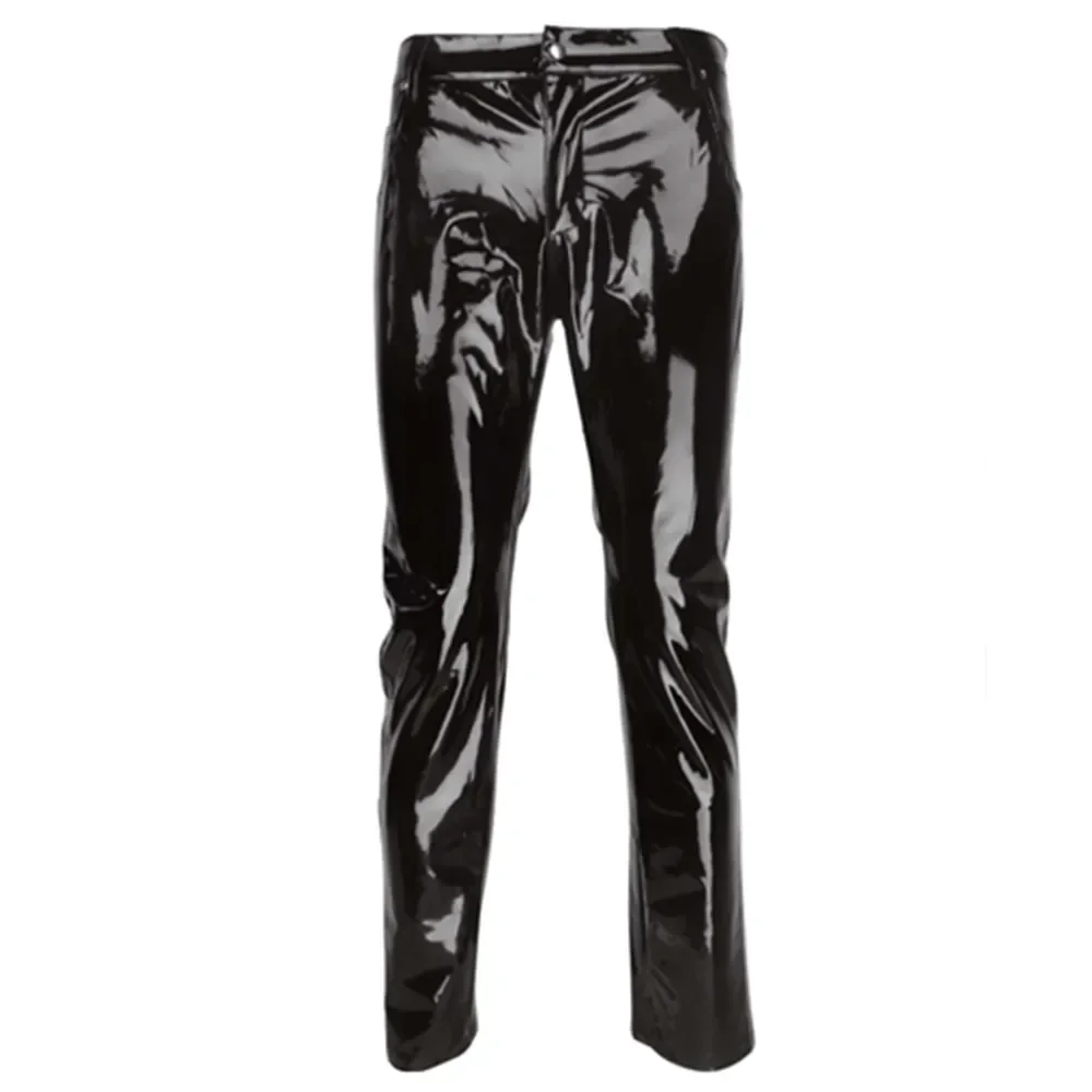 Pantalones rectos de cuero brillante para hombre, pantalones ajustados de látex, Wetlook, a la moda, para fiesta en club nocturno y baile