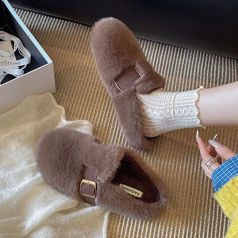 Red Plush Closed-Toe Fuzzy Slippers for Women, Autumn and Winter, Soft Sole, Extra Fleece, Comfy for Pregnant Women