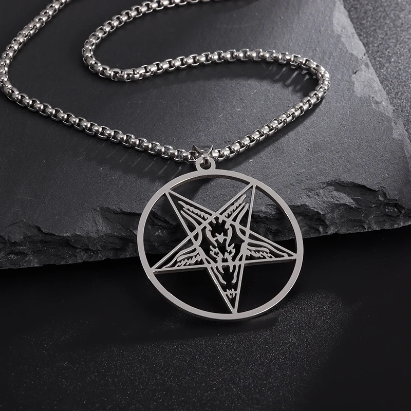 Satan Stainless Steel Church Lucifer Buffy Meets Inverted Round Cutout Pentagon Seal Men's Amulet Pendant Necklace Jewelry