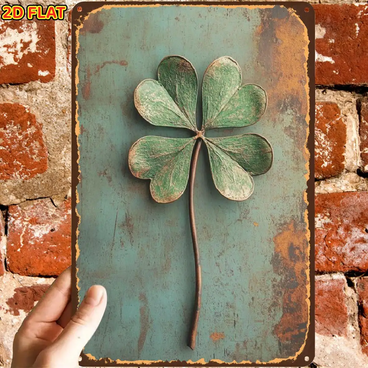 2D Flat, 1pc, Retro Vintage Four Leaf Clover Decorative Art Piece Metal Tin Sign, Pre-Drilled Holes, Suitable for Indoor, Garden