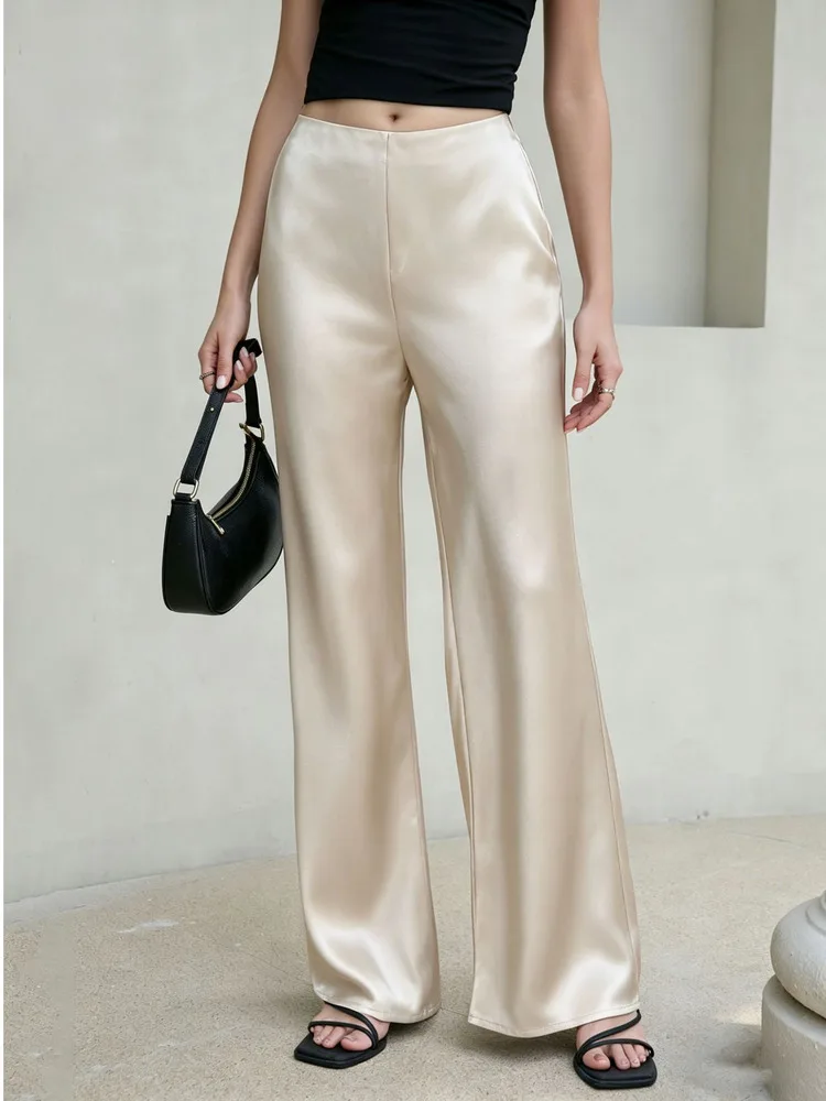 2026 Frühling Sommer Damen Satin-Hosen Elegante Mode Hochgeschnittene Gerade Hosen