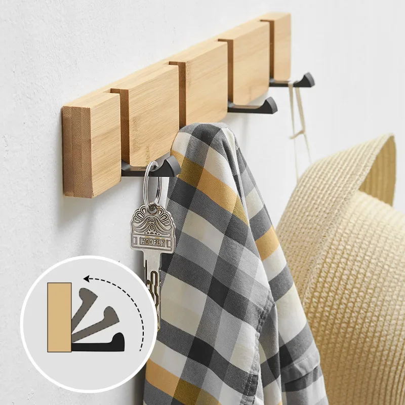 Foldable Coat Rack Bamboo Hat Hanger With Hook Wall-mounted Shelf Kitchen Toilet Wall Clothing Rack Sundries Storage Hooks