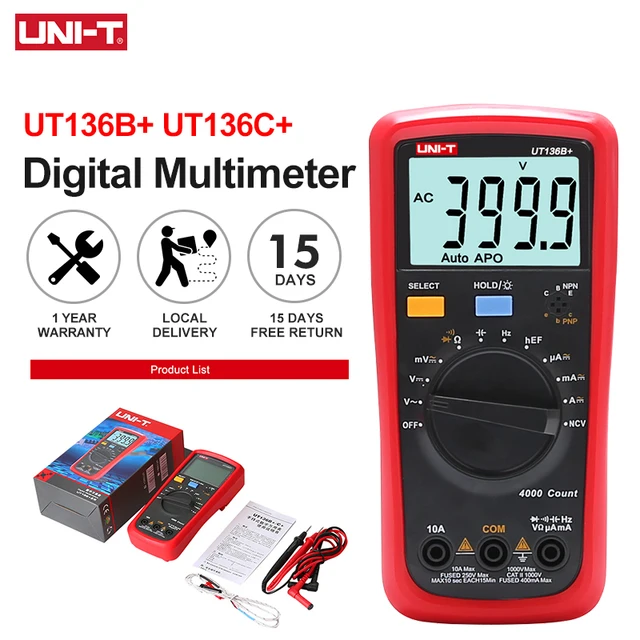 Multimetry cyfrowe UNI-T UT136B+ UT136C+ Miernik prądu stałego i zmiennego, napięcia, wyświetlacz 4000 punktów, tester wielofunkcyjny, tester tranzystorów