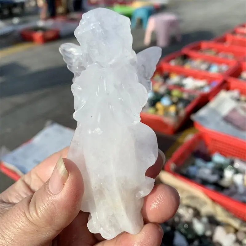 

Natural Rose Quartz Angel Carving Figurine Healing Stone Craft Home Ornaments Holiday Gift 1PCS