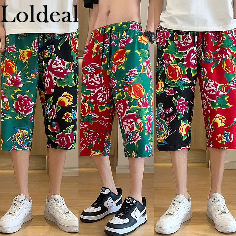 Large Floral Splicing Cropped Pants for Men, Casual Sports Large Size Pants with Ethnic Characteristics