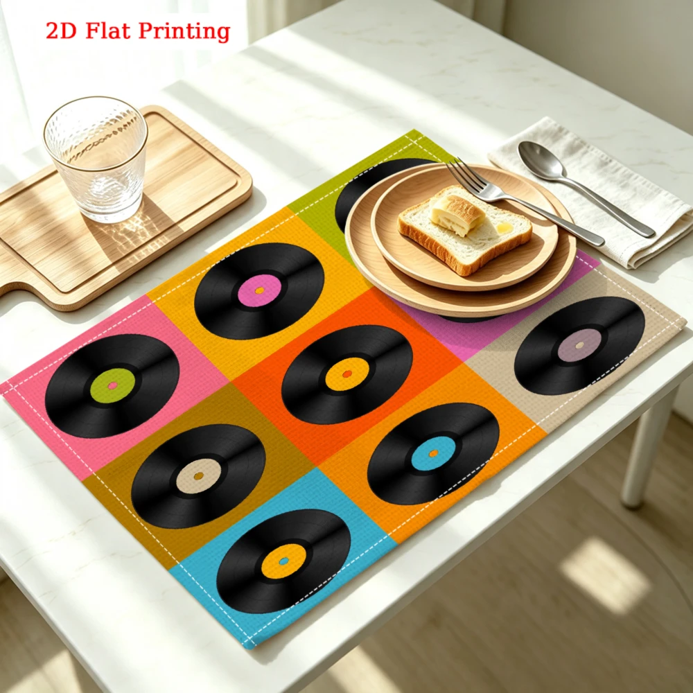 2Pcs Retro Vinyl Record Placemat Multicolor Music Disc Print Table Mat Kitchen Dining Decor Protection 30X40Cm