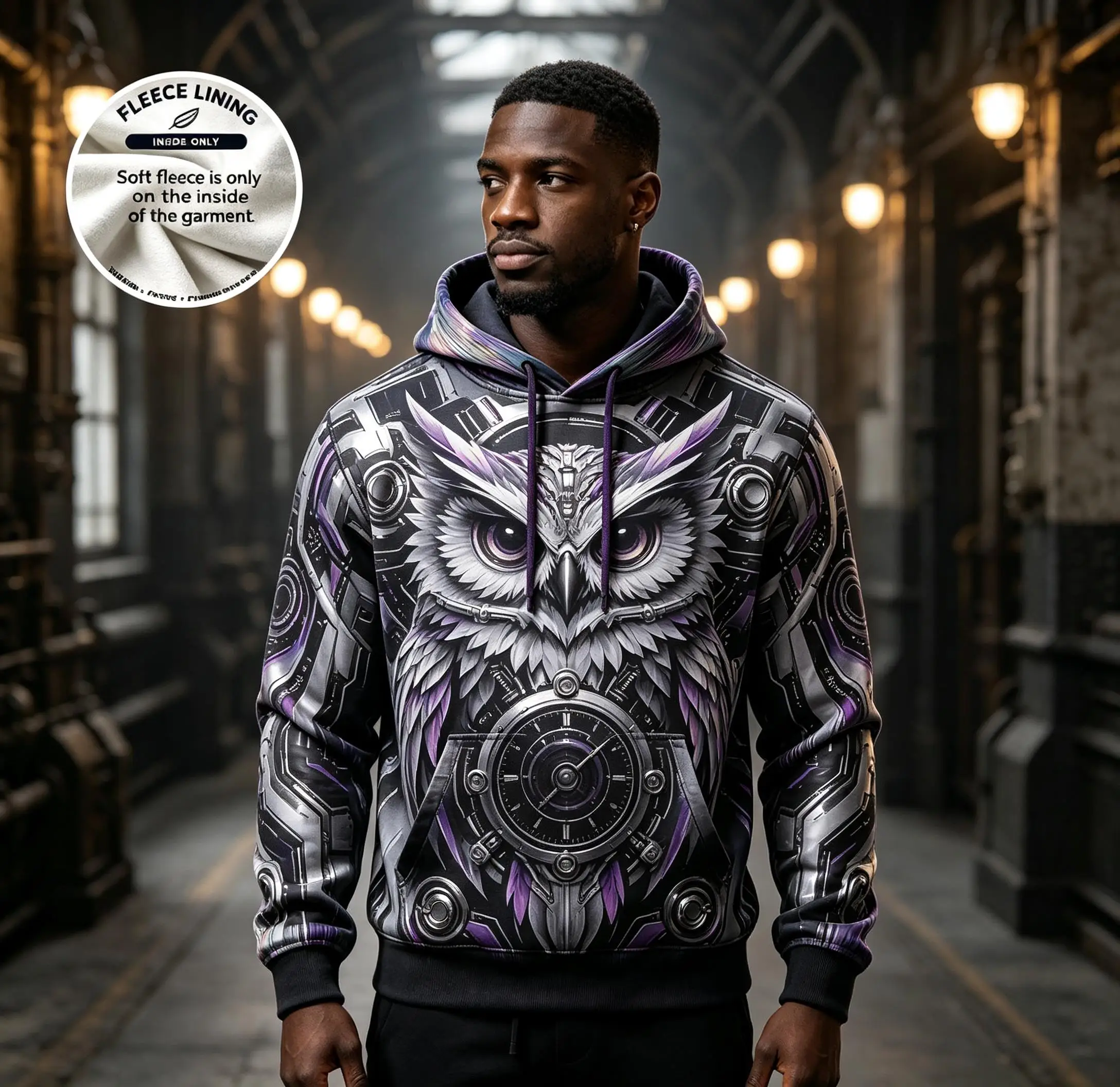 Men Fleece Lined Hoodie Purple Silver Steampunk Mechanical Owl Clock Print Drawstring Pullover Sweatshirt