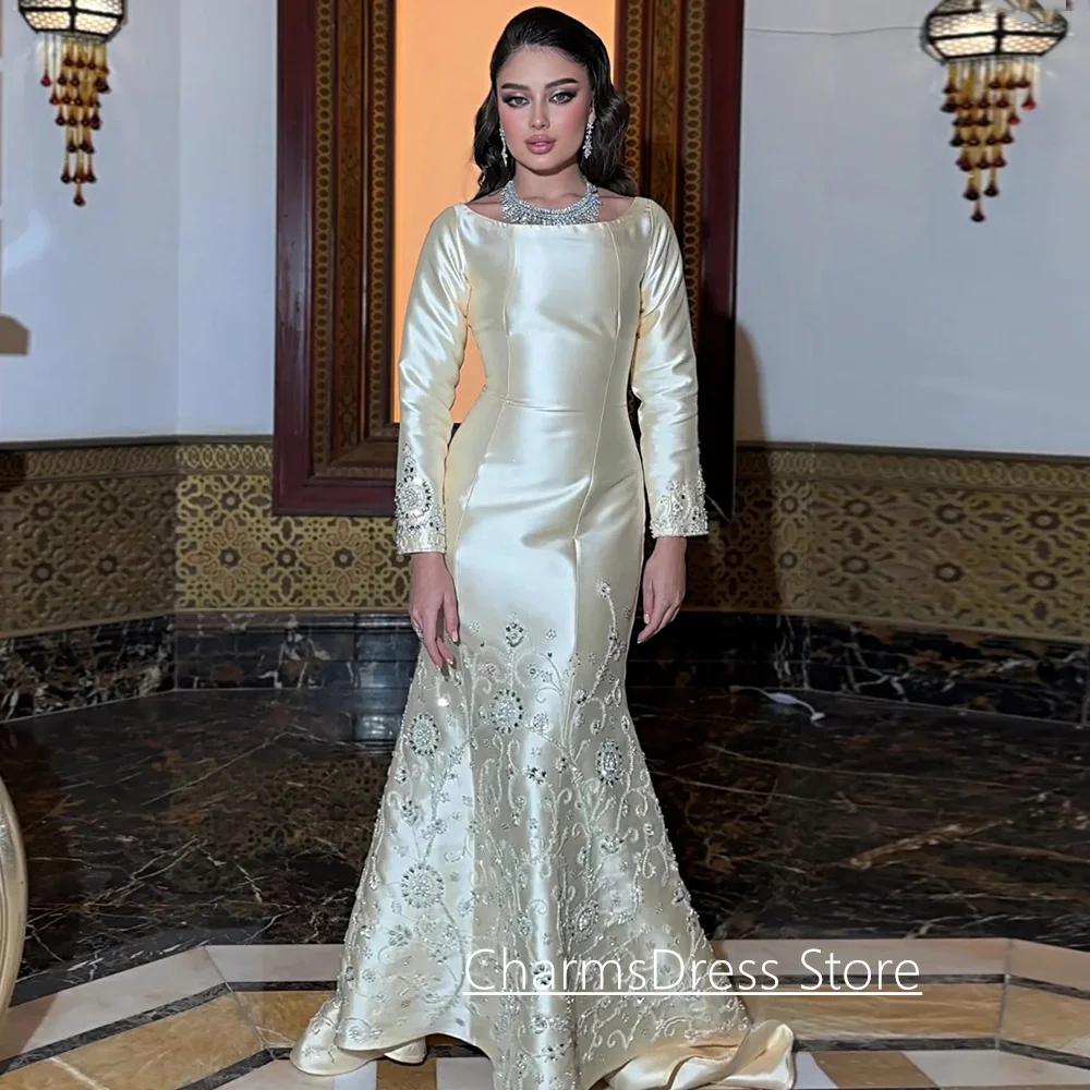 

Luxury Saudi Evening Dress Mermaid Party Gown Customized Long Sleeves Scoop Neck Beading Sequined Mikado Satin Prom Dresses