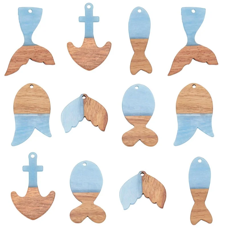 Unique Chic Resin Natural Wood Pendants Mixed Fish Anchor Mermaid Fishtail Shape Charms DIY Earrings Necklace Jewelry Making