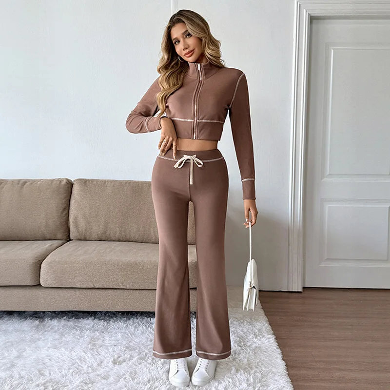 2025 Otoño e Invierno Tops cortos traje Casual mujer moda deportes chaqueta de manga larga pantalones conjunto de dos piezas