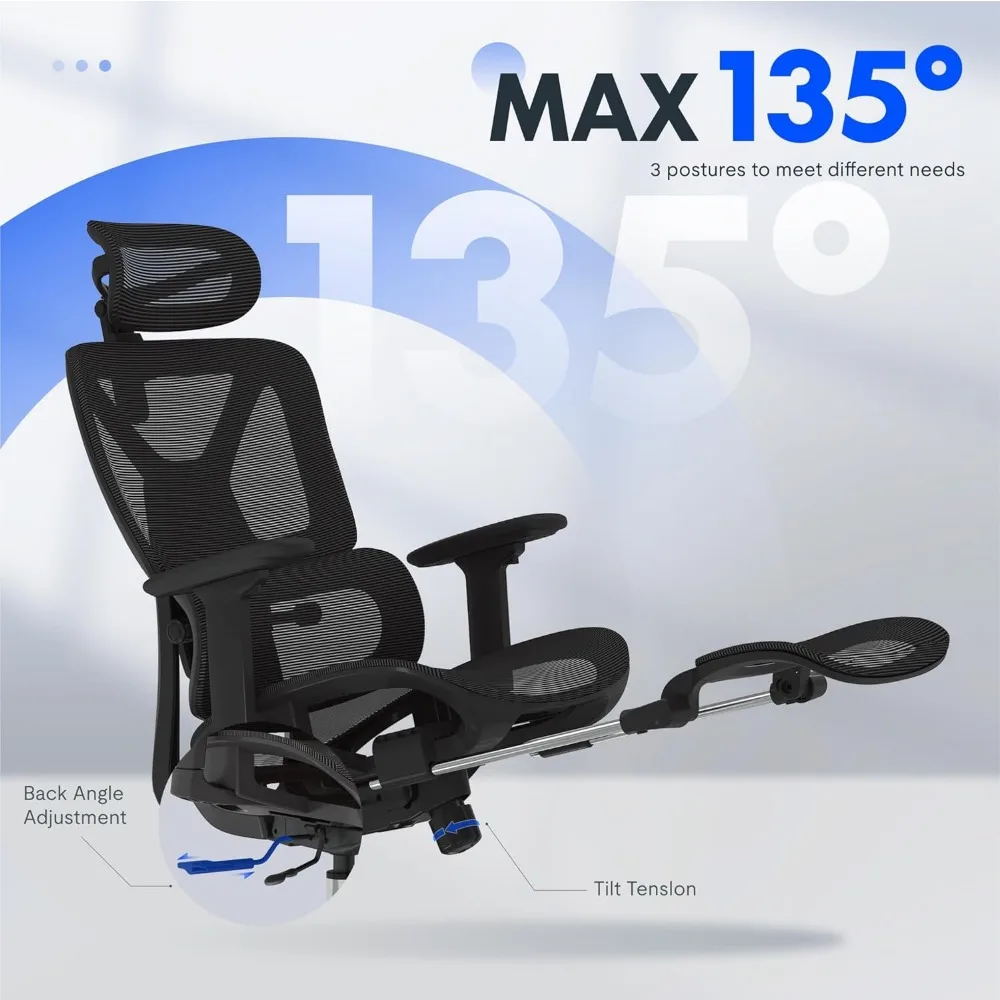 FLEXISPOT ErgoX Premium Ergonomic Office Chair with Footrest- Adjustable 3D Armrests, Dynamic Lumbar Support, Recline & Tilt Fun