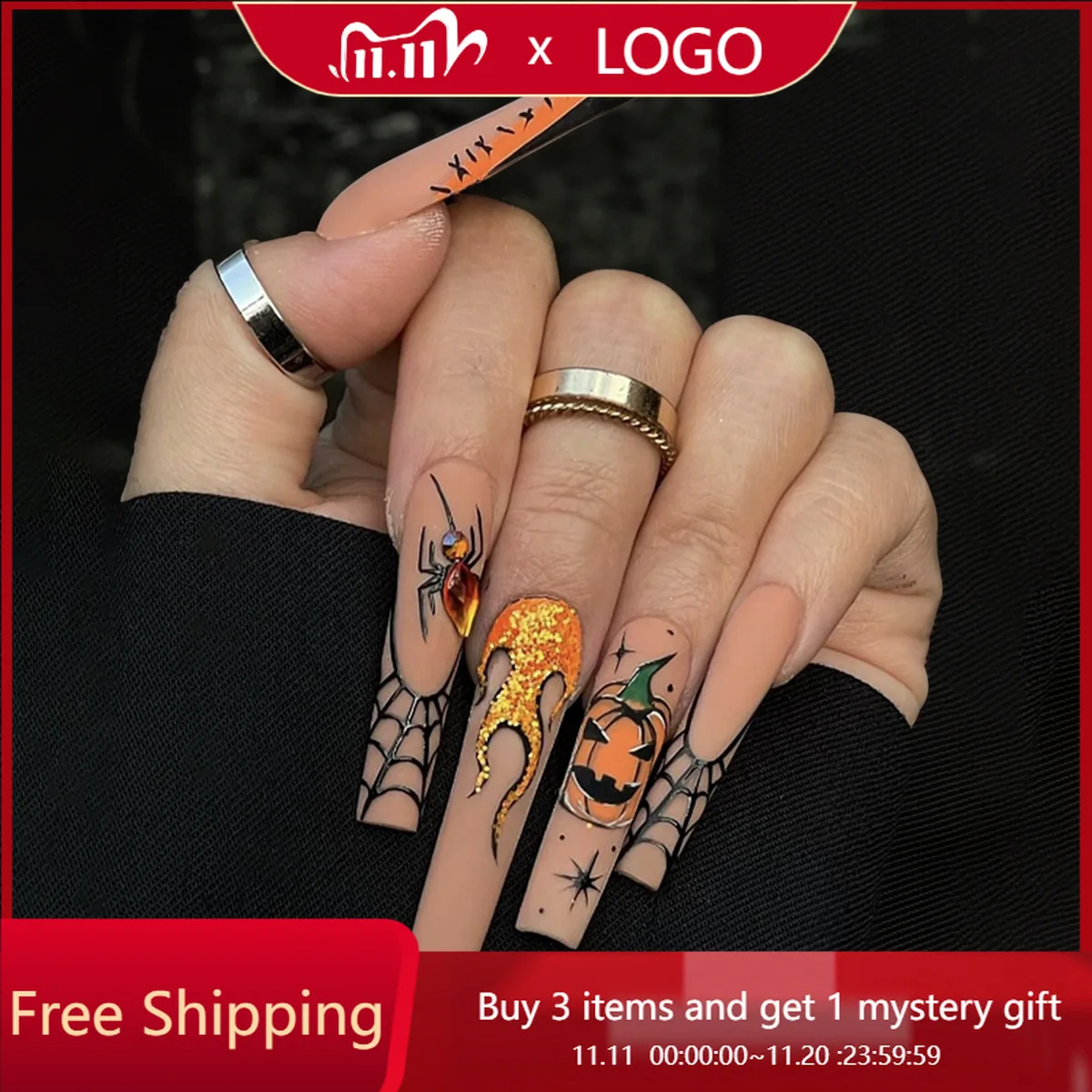 

24pcs/1box Halloween False Nails Spider Pumpkin Rhinestone Style Extended Rectangular Press-on Nail Tips Suitable for Festivals