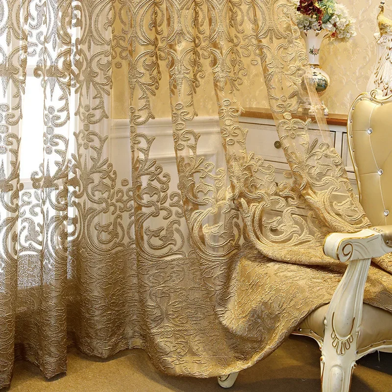 Luxurious Europe Gold Embroidery Tulle Curtains for Living Room Romantic Semi-Sheer Jacquard Voile Door Window Drapes ZH431H