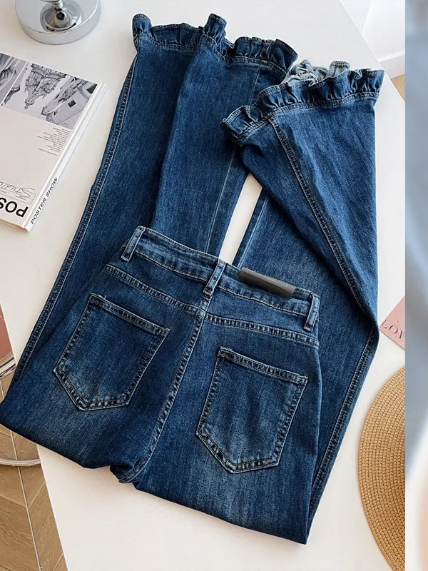 Flared Wide Leg Denim Jeans Women's High Waist Vintage Style Patchwork Medium Softness Winter Warm Ladies Loose Fit Jeans