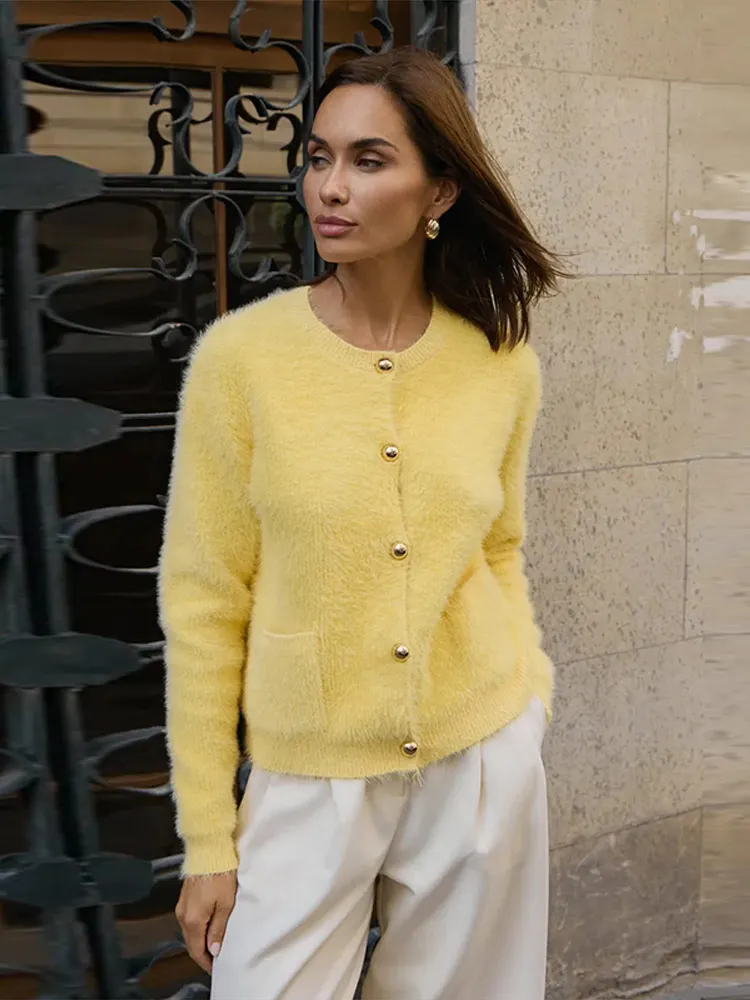 Suéter de punto informal para mujer, cárdigan holgado liso con cuello redondo, Top de punto de una sola botonadura, abrigo cárdigan para mujer 2025