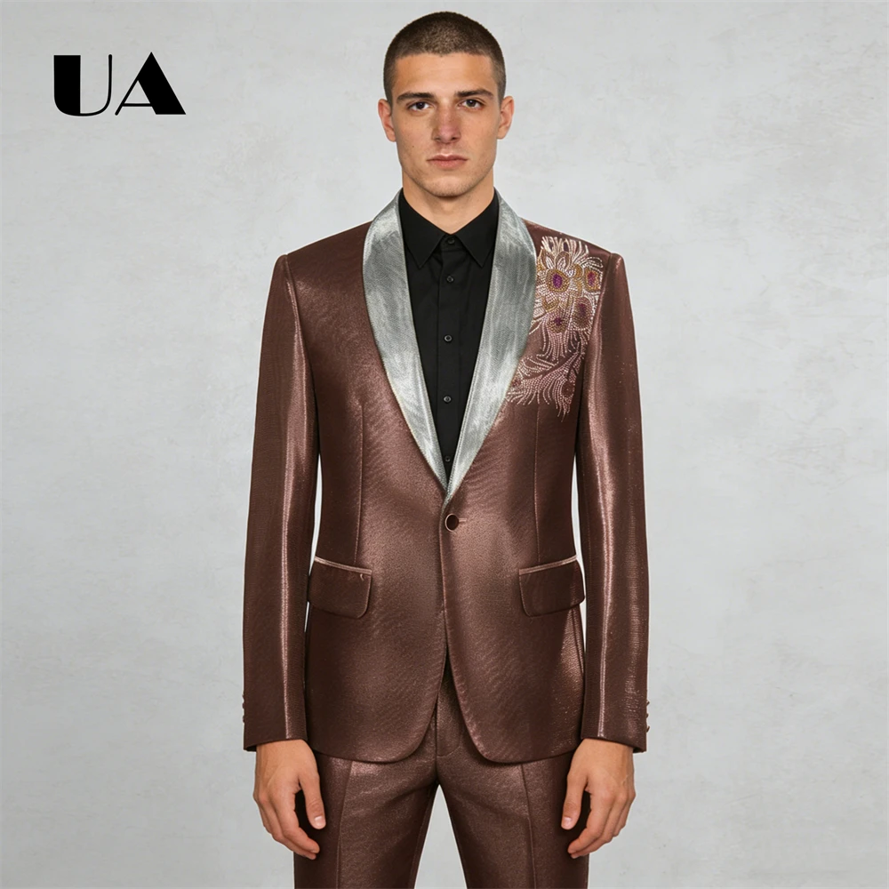 

ULBYANRY Glossy Beaded Suit Set for Men, One Button Shawl Collar Suit Jacket with Pants, Luxury Prom Suit Attire M-3XL