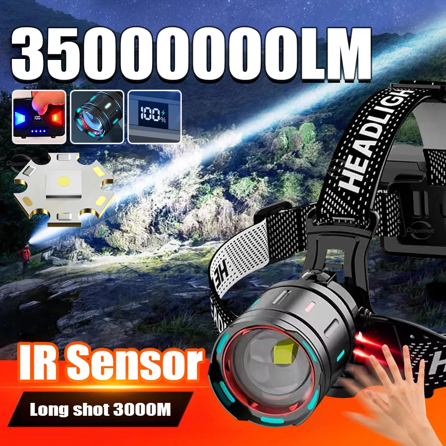 Upgrade 800W IR Sensor Headlamp Rechargeable Powerful LED Headlight 3000M High Power Head Flashlight Fishing Head Lamps Lantern