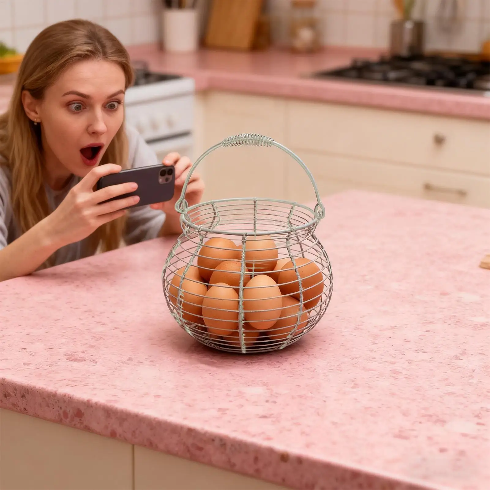 

Корзина для сбора яиц, винтажный тканый проволочный органайзер с ручкой, корзина для яиц в фермерском доме для кухни, пикника, фермерского дома, урожая, Пасха