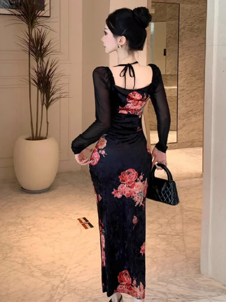 Topanoma Evening Dresses Women Vintage Sexy Flowers Velvet Patchwork Mesh Long Sleeve Square Collar Vintage Cocktail Dress Party