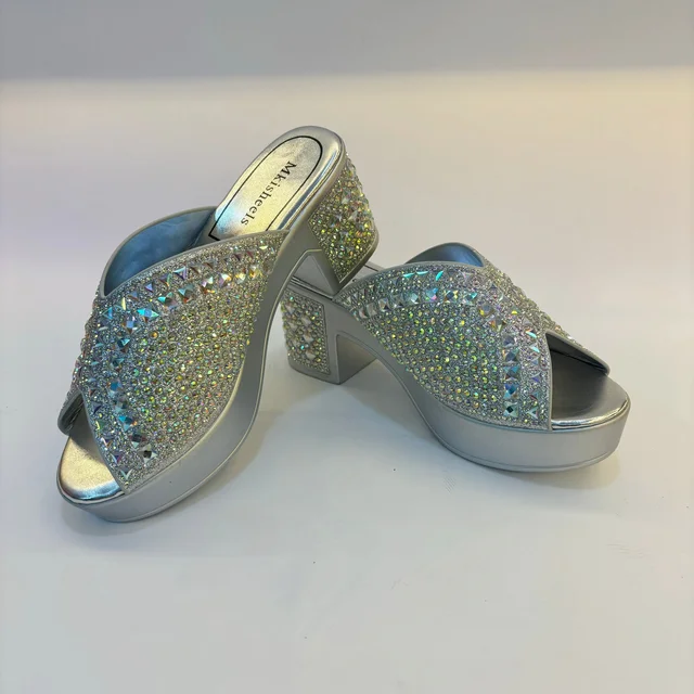 Damskie kryształki Rhinestone buty z odkrytymi ustami wodoodporna platforma Lady Rhinestone wysokie obcasy sandały z kwadratowymi noskami 7cm F5-107-3