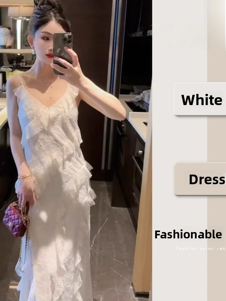 

Нежное платье-халтер с V-образным вырезом и кружевной отделкой Gentle Wind, женское, весна-лето, новинка, праздничный стиль, белое, длинное, корейская версия, А-силуэт