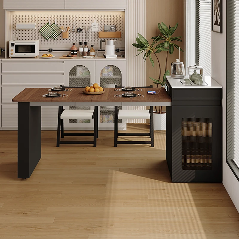 Solid Wood Foldable & Extendable Kitchen Island Multifunctional Compact Dining Table Set with Full Storage Small Space FYDT​​