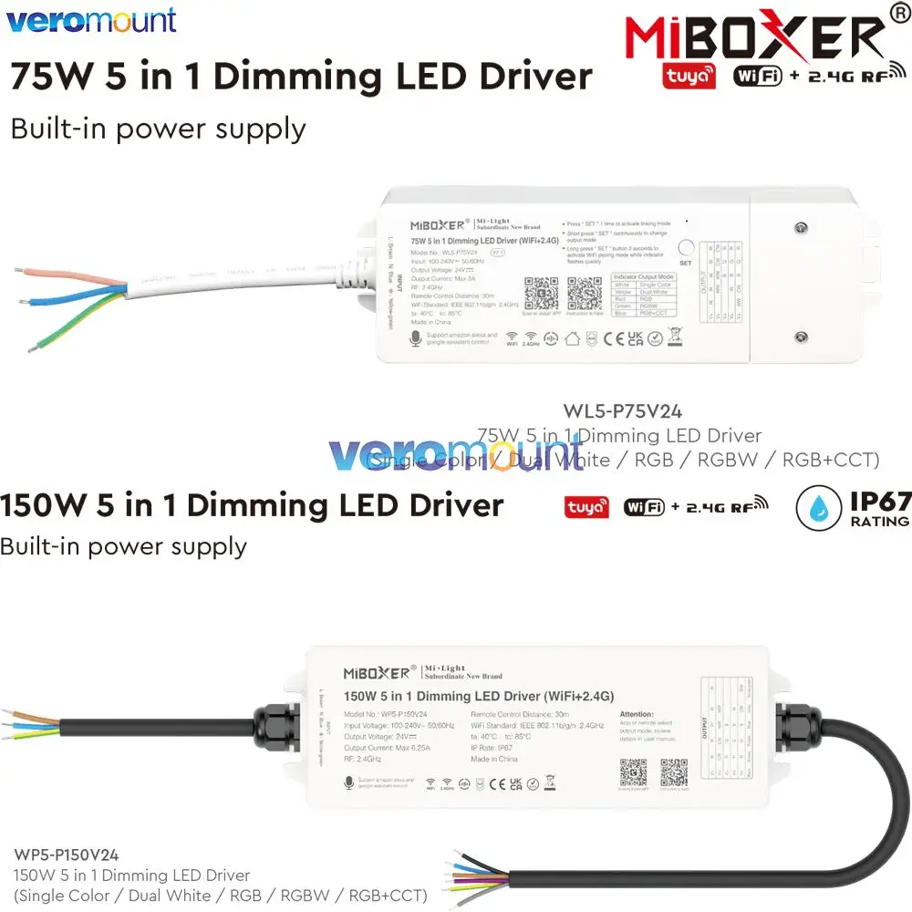 

MiBoxer 75W WL5-P75V24 150W WP5-P150V24 5 in 1 LED Driver Power Supply WiFi + 2.4G RF for Single Color/CCT/RGB/RGBW/RGBCCT Strip