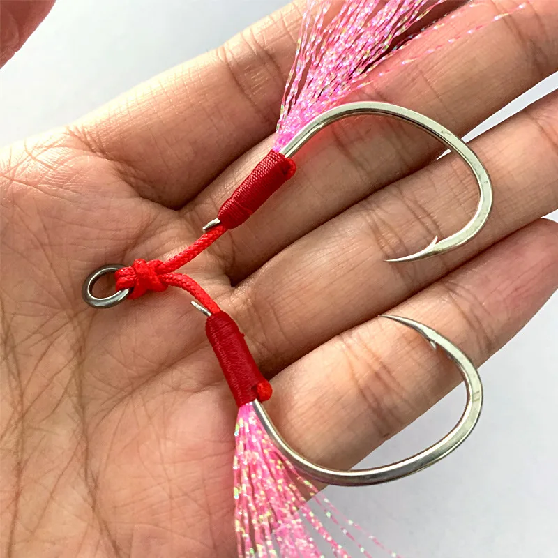 10Pairs/Lot Metal Jig Assist Hook, Red PE Line Double Hook Jigging Spoon Fishhook for 28-400g Fishing Lure