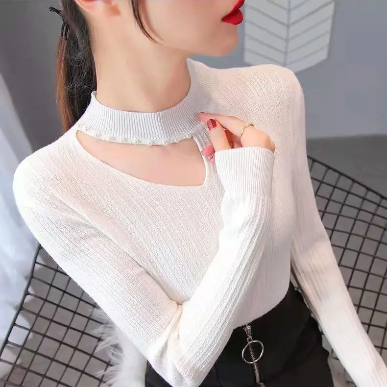 New Base Sweater Women's Nail Bead Top Korean Version Round Neck Ins Hollow Out Long Sleeved Knitted Sweater for Women