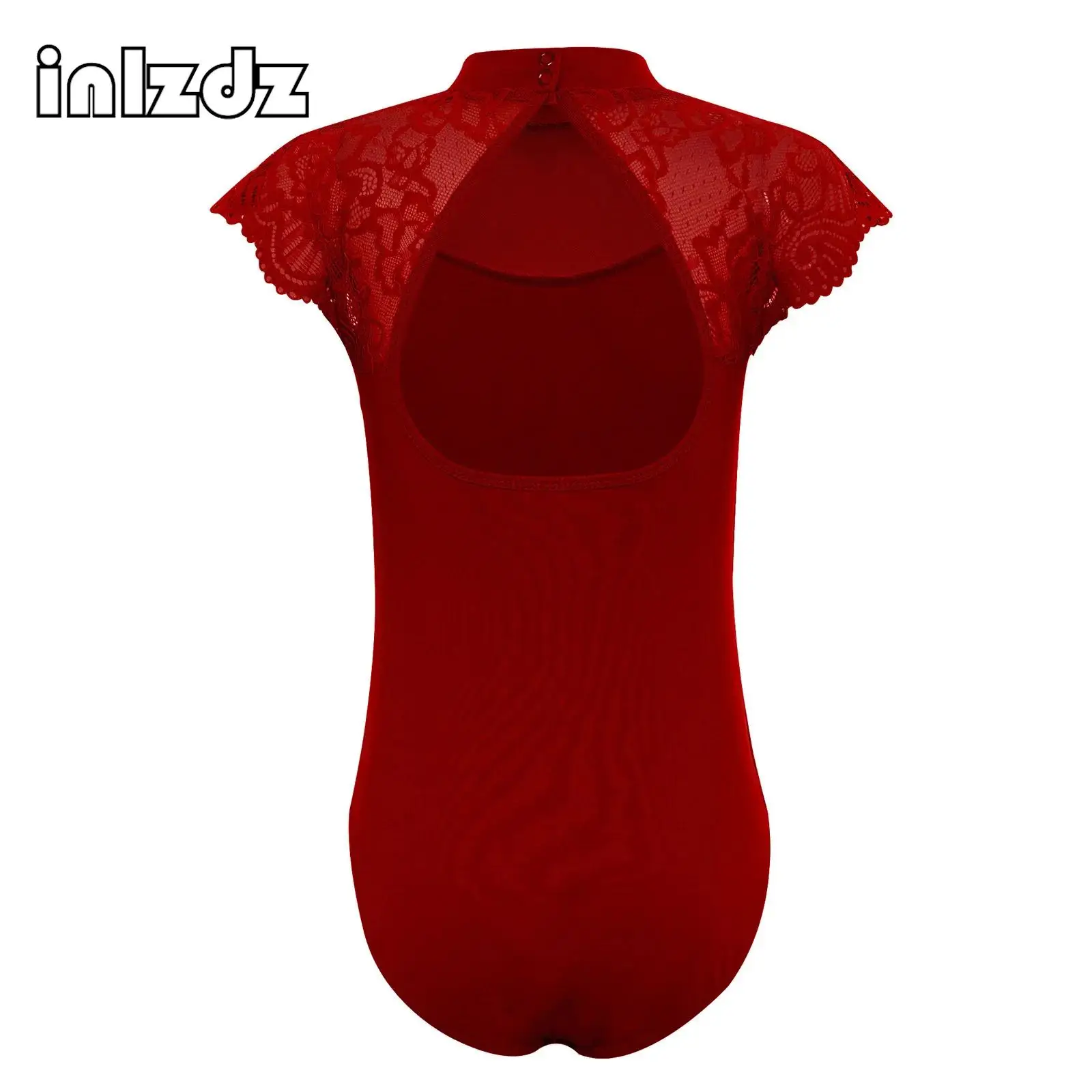 

Kids Girls Lace Cap Sleeves Gymnastics Ballet Dance Leotard Sheer Mesh Cutout Bodysuit Ballet Practice Examination Dancewear