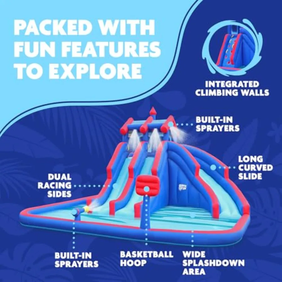 Outdoor inflatable water park with heavy-duty PVC, blue and yellow, triple slide, climbing wall, splash pool, quick setup with