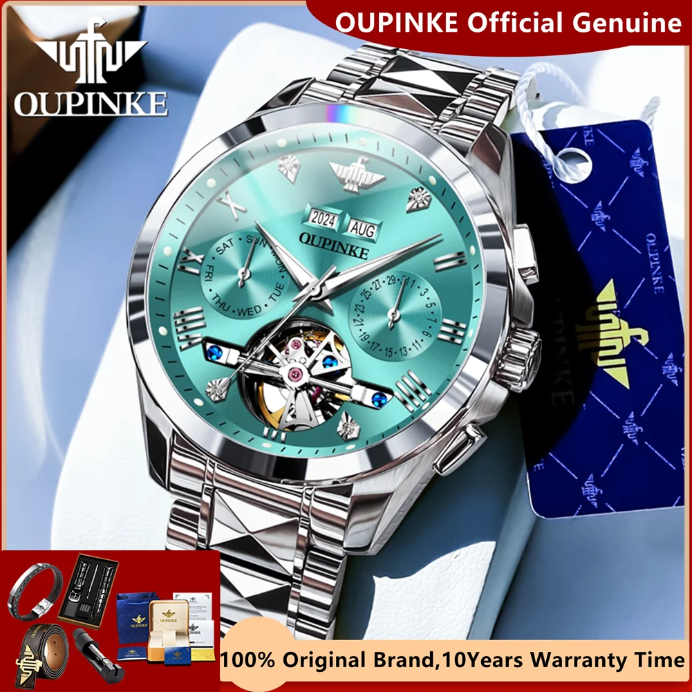 OUPINKE 3186 New Skeleton Flywheel Mechanical Watch for Men Tungsten Steel Strap Dual Calendar Luxury Business Automatic Watches