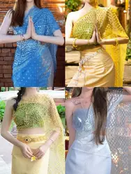 Women Summer Shawl Wrap Glitter Bead Mesh Shirts Southeast Asian Style Party Festival Dai Thai Traditional Thailand Costume