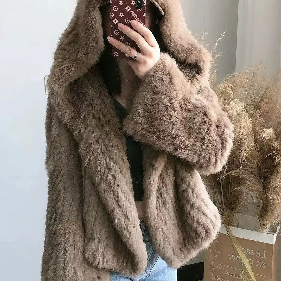 Chic Women Handmade Double-sided Woven Hooded Faux Fur Hairy Coat Encrypted Rabbit Hair Bomber Fluffy Jacket Furry Cardigan Tops