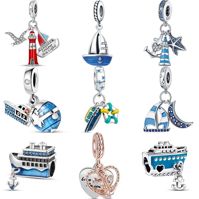 

925 Silver Follow the Light Lighthouse Sailboat Ship Anchor Lifeboat Pendant Original Beads Fit Pandora Charms Bracelet Jewelry