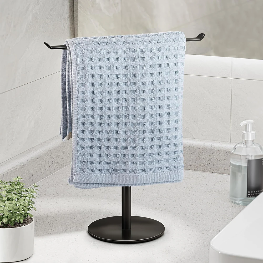 

Black Hand Towel Holder Stand Countertop T-Shaped Stainless Steel Towel Rack with Non-Slip Base Bathroom Storage Organizer