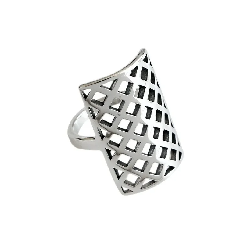 Silver Color Rectangel Grid Shape Hollowout Personality Large Adjustable Ring Fashion Jewelry for Women Party Accessories Rings