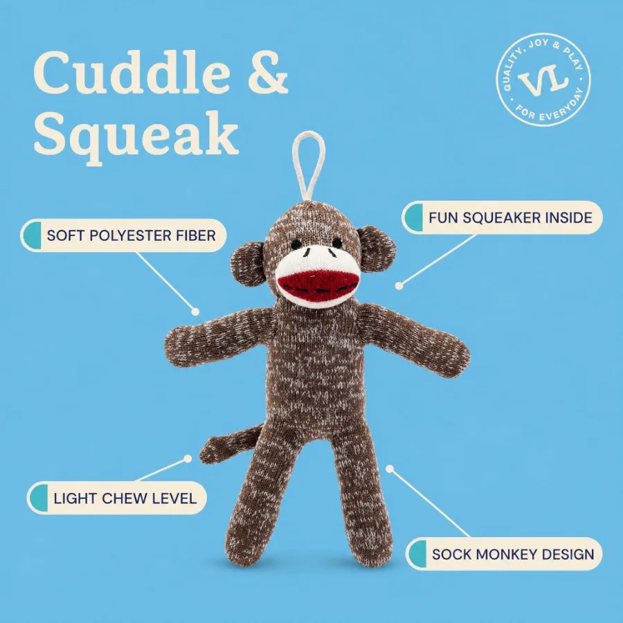 4 pack Brown Sock Monkey Plush Dog Toy with Squeaker, Chew Level 1 view 6