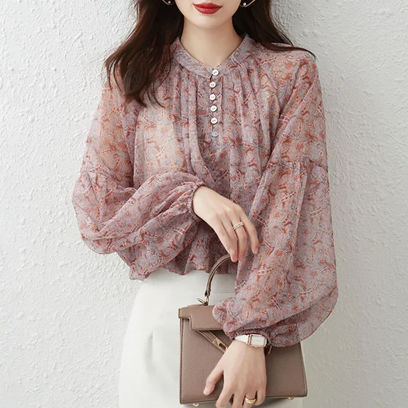 

Women's Lantern Sleeve Elegant Printed Shirt 2025 Spring Female Clothing All-match Fashion Loose Button O-Neck Pullovers Blouse