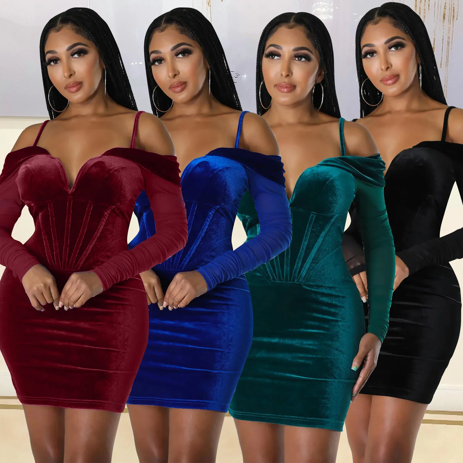 

spring mini dress women sexy tight mesh velvet long sleeve bodycon dress open shoulder strap vestidos zip up high waist