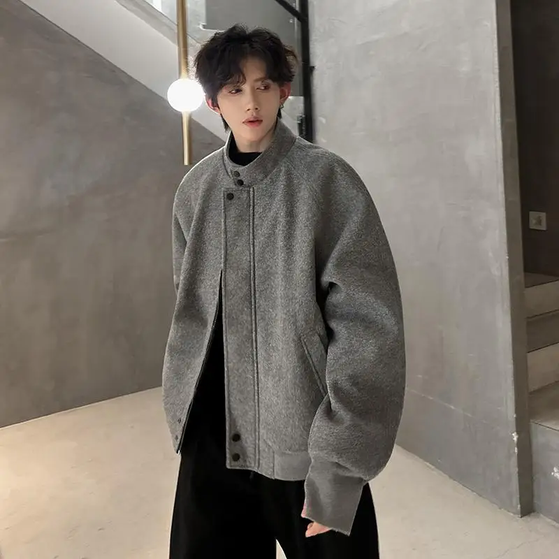 

Winter Men's Short Stand Collar Woolen Jacket Korean Style Simple Casual Premium Hooligan Chic Fall Coat