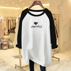 Cotton Love Black and White Raglan Long Sleeve T-shirt Women Spring and Autumn Loose Medium Length Casual Lady High Quality Top