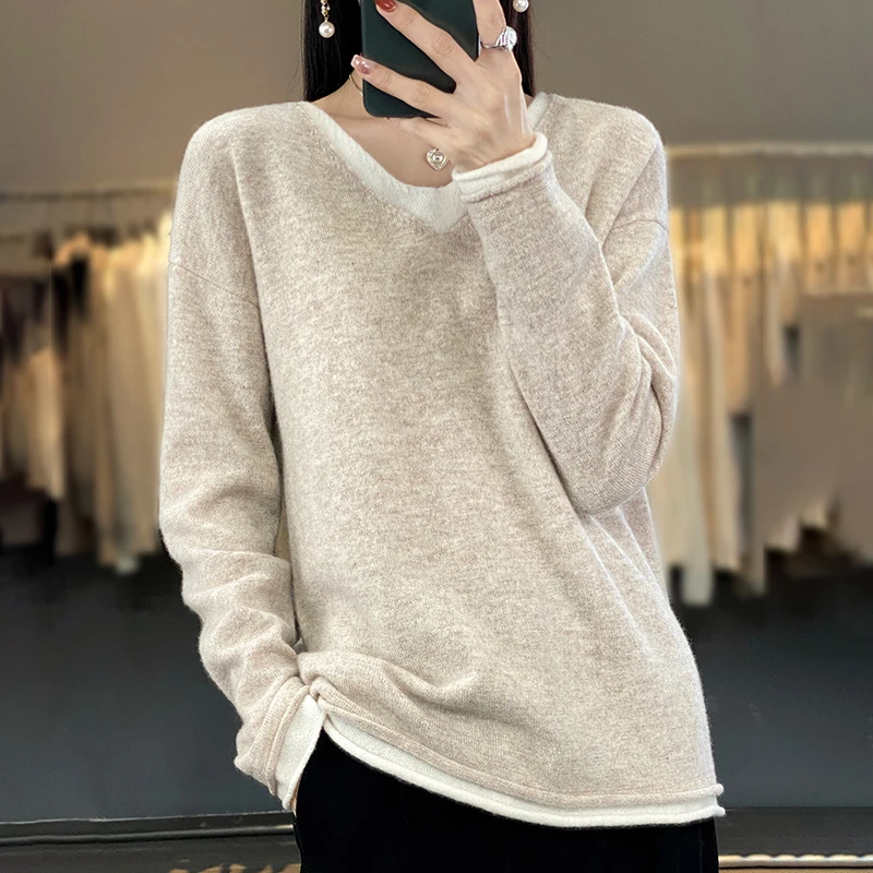 

Autumn and winter women's wool pullover sweater long sleeved V-neck knitted fake two-piece sweater loose high-quality top