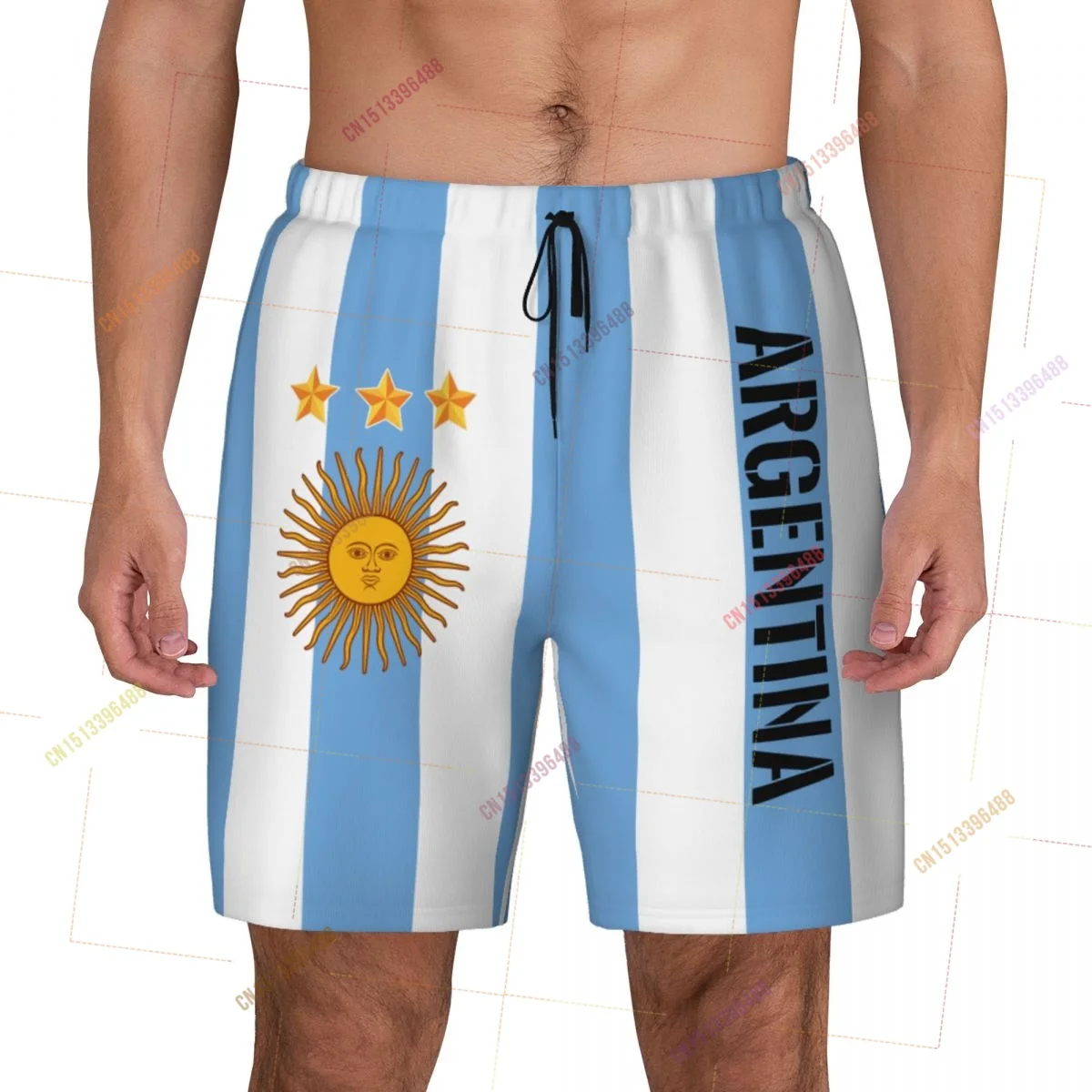Argentina 3 Stars Flag Top Print 3D Mens Swimming Trunks Hawaiian Bathing Beach 2 in 1 Quick-Dry Summer Swim Shorts With Pockets