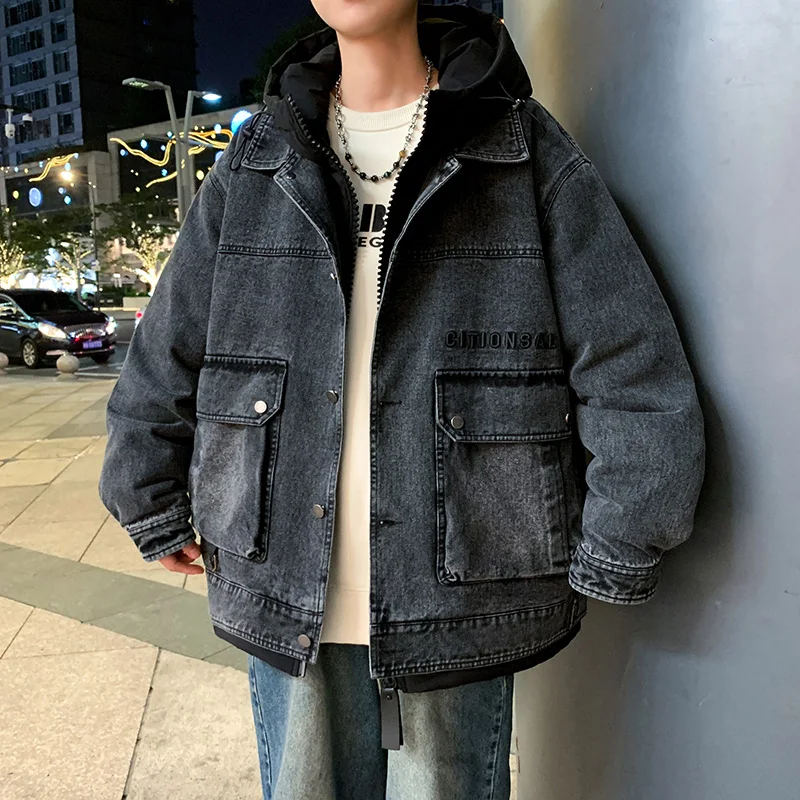 

Down Jackes Two Fake for Men Thick Warm Windproof White Duck Down Jacket for Spring Autumn Winter Fashionable Retro Denim Jacket