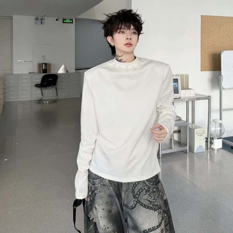 WVGA 2026 Spring Autumn New Men Solid Color Stand Collar Long Sleeve T-Shirt Niche Chic Casual Beaded Decoration Tops Ins W27085