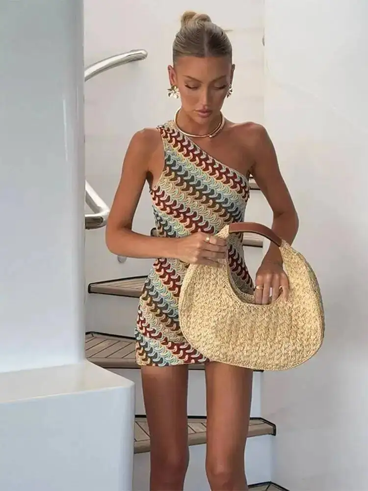 Irregular Printed Knitted Mini Dress For Women Chic Backless Slanted Shoulder Slim Dresses 2025 Summer Holiday Beach Robes 46F1