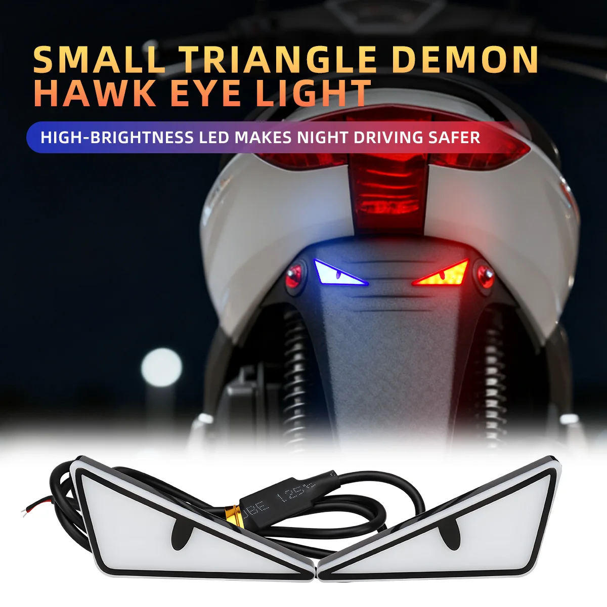 

2 шт. светодиодные двухцветные фонари «Демонический глаз» для мотоцикла, треугольные указатели поворота, динамические задние фонари, мини-декоративные светильники для автомобиля, 12В